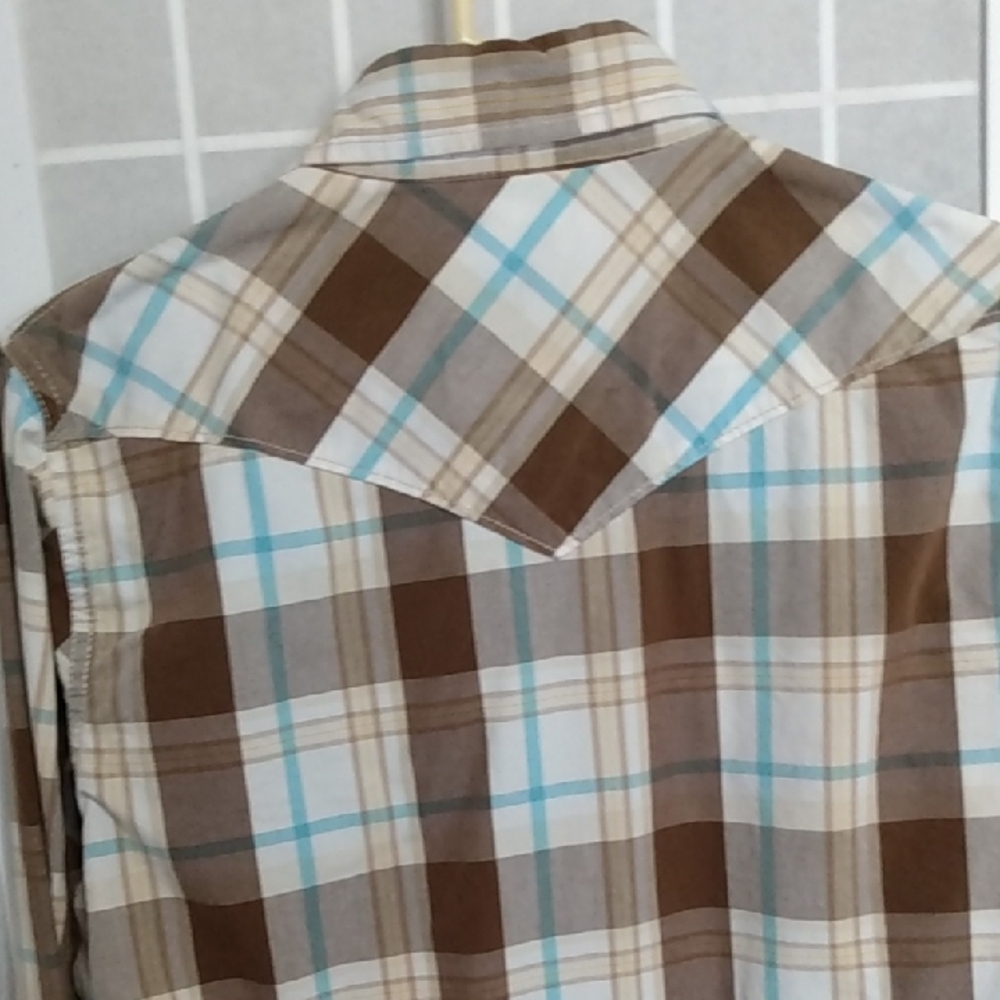 Hollister Plaid Western Snap Button Long Sleeve Shirt Men's Brown Blue White - Picture 7 of 15
